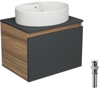 Тумба с раковиной и выпуском Bauedge (тумба подвесная Bau Blackwood 60 графит, раковина накладная BAU Nimb 51x41, с отв. под см-ль, выпуск клик-клак белый) BD2681