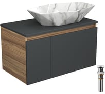Тумба с раковиной и выпуском Bauedge (тумба подвесная Bau Blackwood 80 графит, раковина накладная BAU Crystal 64x40, мрамор, выпуск клик-клак белый) BD2788