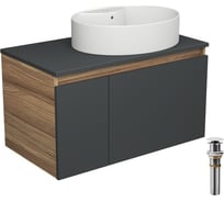 Тумба с раковиной и выпуском Bauedge (тумба подвесная Bau Blackwood 80 графит, раковина накладная BAU Nimb 51x41, с отв. под см-ль, выпуск клик-клак белый) BD2758