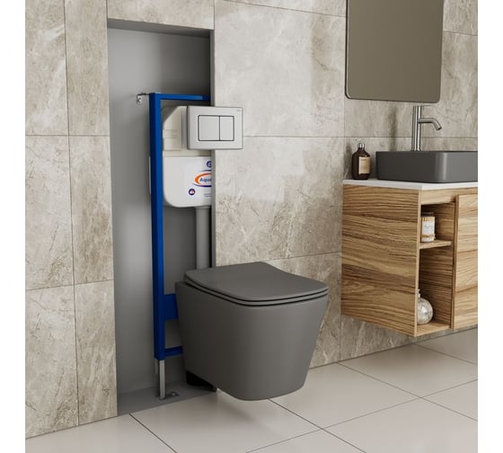 Комплект Bauedge BAU 6 в 1: инсталляция BAU Aquanika, унитаз подвесной безободковый Bau Stil 51x35, сиденье дюропласт микролифт,темно-серый матовый, клавиша Stil Gun Grey, темно-серый металлик 10.702.450.00.00-BS0002-DG-Q00017