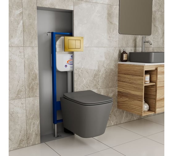 Комплект Bauedge BAU 6 в 1: инсталляция BAU Aquanika, унитаз подвесной безободковый Bau Stil 51x35, сиденье дюропласт микролифт,темно-серый матовый, клавиша BAU Stil, золото 10.702.450.00.00-BS0002-DG-Q00013