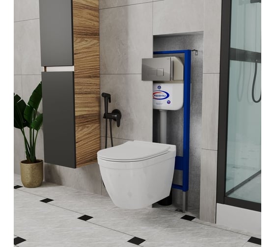 Комплект Bauedge BAU 6 в 1: инсталляция BAU Aquanika, унитаз безободковый Bau Mif PRO, сиденье микролифт, кнопка смыва BAU Hotel для инсталляциии, хром 10.702.450.00.00-NT0002-PRO-Q00007