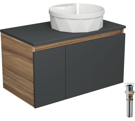 Тумба с раковиной и выпуском Bauedge (тумба подвесная Bau Blackwood 80 графит, раковина BAU Element Cristal D40, с отв. под см-ль, выпуск клик-клак белый) BD2743