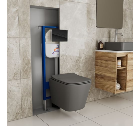 Комплект Bauedge BAU 6 в 1: инсталляция BAU Aquanika, унитаз подвесной безободковый Bau Stil 51x35, сиденье дюропласт микролифт,темно-серый матовый, клавиша из стекла BAU Dream, черная 10.702.450.00.00-BS0002-DG-Q00011