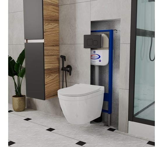 Комплект Bauedge BAU 6 в 1: инсталляция BAU Aquanika, унитаз безободковый Bau Mif PRO, сиденье микролифт, кнопка смыва BAU Soul для инсталляции, черная матовая 10.702.450.00.00-NT0002-PRO-Q00015