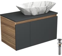 Тумба с раковиной и выпуском Bauedge (тумба подвесная Bau Blackwood 80 графит, раковина накладная BAU Crystal 64x40, мрамор, выпуск клик-клак черный) BD2789