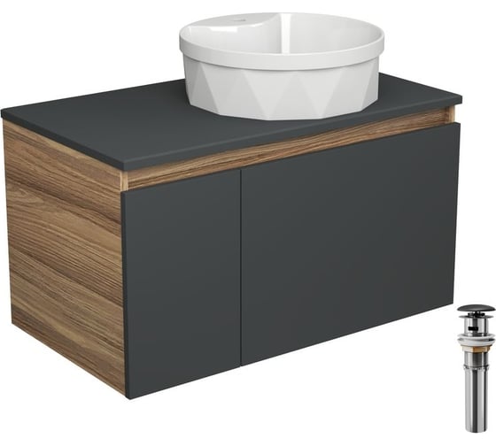 Тумба с раковиной и выпуском Bauedge (тумба подвесная Bau Blackwood 80 графит, раковина BAU Element Cristal D40, с отв. под см-ль, выпуск клик-клак черный) BD2744