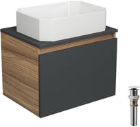 Тумба с раковиной и выпуском Bauedge (тумба подвесная Bau Blackwood 60 графит, раковина накладная прямоугольная BAU Hotel 51x37, выпуск клик-клак белый) BD2644