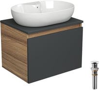Тумба с раковиной и выпуском Bauedge (тумба подвесная Bau Blackwood 60 графит, раковина накладная BAU Nimb 60x42, с отв. под см-ль, выпуск клик-клак белый) BD2697