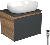 Тумба с раковиной и выпуском Bauedge (тумба подвесная Bau Blackwood 60 графит, раковина накладная BAU Nimb 59x40, выпуск клик-клак черный) BD2655