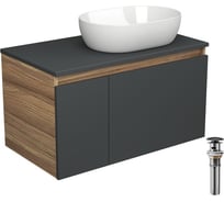 Тумба с раковиной и выпуском Bauedge (тумба подвесная Bau Blackwood 80 графит, раковина накладная BAU Nimb 48x34, выпуск клик-клак черный) BD2712