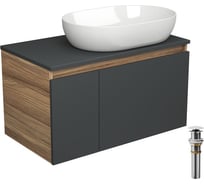 Тумба с раковиной и выпуском Bauedge (тумба подвесная Bau Blackwood 80 графит, раковина накладная BAU Nimb 59x40, выпуск клик-клак белый) BD2731
