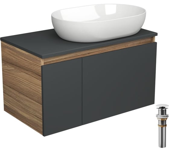 Тумба с раковиной и выпуском Bauedge (тумба подвесная Bau Blackwood 80 графит, раковина накладная BAU Nimb 59x40, выпуск клик-клак белый) BD2731 1