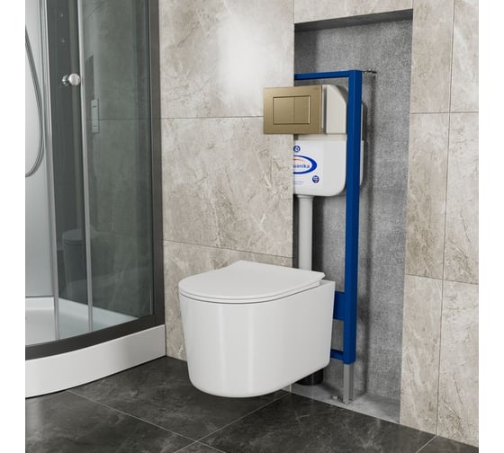 Комплект Bauedge BAU 6 в 1: инсталляция BAU Aquanika, унитаз безободковый Bau Hotel PRO, сиденье микролифт, кнопка смыва BAU Stil для инсталляции, бронза 10.702.450.00.00-NM0003-PRO-Q00012