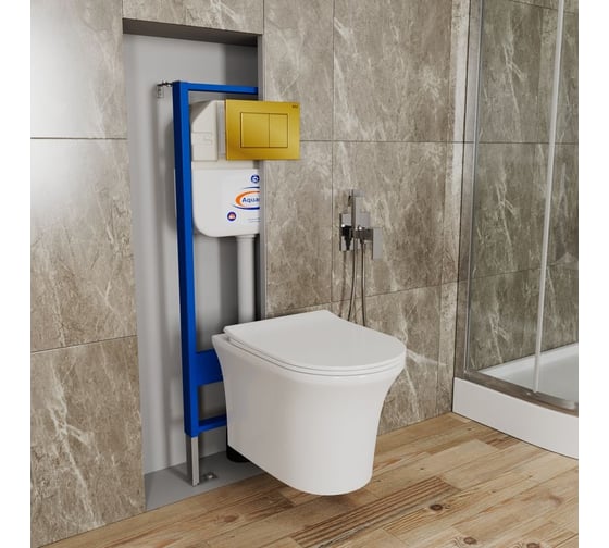 Комплект Bauedge BAU 6 в 1: инсталляция BAU Aquanika, унитаз безободковый Bau Spectrum PRO, сиденье микролифт, кнопка смыва BAU Stil для инсталляции, золото 10.702.450.00.00-NP0001-PRO-Q00013