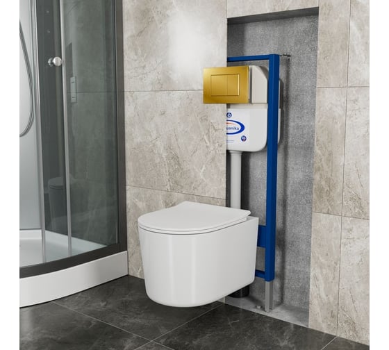 Комплект Bauedge BAU 6 в 1: инсталляция BAU Aquanika, унитаз безободковый Bau Hotel PRO, сиденье микролифт, кнопка смыва BAU Stil для инсталляции, золото 10.702.450.00.00-NM0003-PRO-Q00013