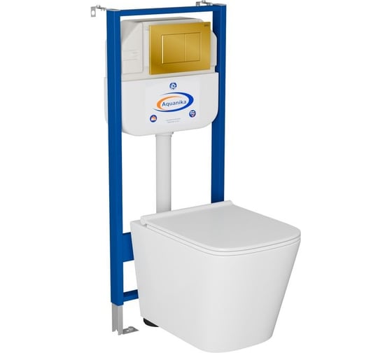 Комплект Bauedge BAU 6 в 1: инсталляция BAU Aquanika, унитаз безободковый Bau Stil PRO, сиденье микролифт, кнопка смыва BAU Stil для инсталляции, золото 10.702.450.00.00-NS0001-PRO-Q00013