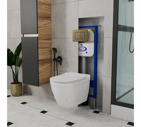 Комплект Bauedge BAU 6 в 1: инсталляция BAU Aquanika, унитаз безободковый Bau Mif PRO, сиденье микролифт, кнопка смыва BAU Stil для инсталляции, бронза 10.702.450.00.00-NT0002-PRO-Q00012