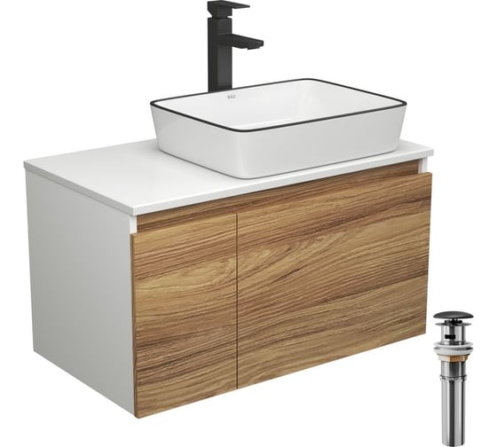 Комплект для ванной Bauedge 4 предмета (тумба Bau Dream 80 + раковина BAU 48x37, белая + смеситель Hotel Black, выпуск клик-клак, черный) BD1758 1