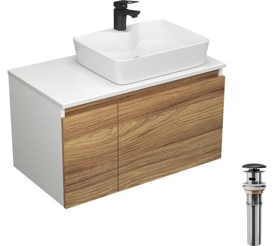 Комплект для ванной Bauedge 4 предмета (тумба Bau Dream 80 + раковина BAU 48x37, с отв. под смеситель + смеситель Cerama Black, выпуск клик-клак, черный) BD2349 1