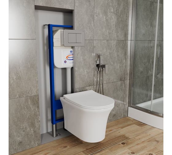 Комплект Bauedge BAU 6 в 1: инсталляция BAU Aquanika, унитаз безободковый Bau Spectrum PRO, сиденье микролифт, кнопка смыва BAU Stil Gun Grey, антивандальная, нержавеющая сталь темно-серый металлик 10.702.450.00.00-Q00017-NP0001-PRO