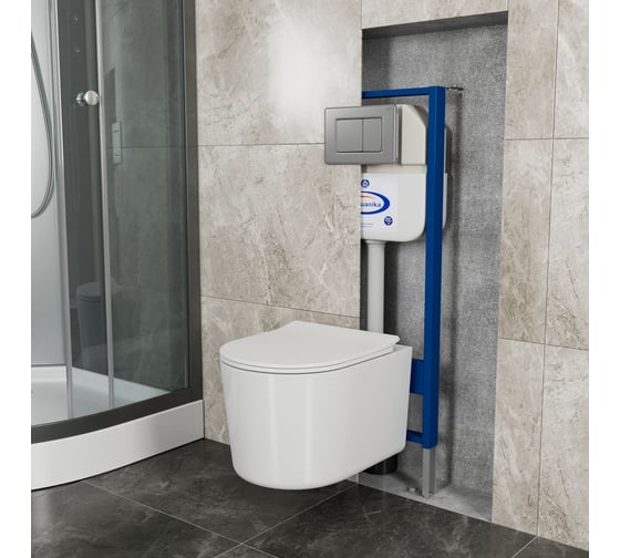 Комплект Bauedge BAU 6 в 1: инсталляция BAU Aquanika, унитаз безободковый Bau Hotel PRO, сиденье микролифт, кнопка смыва BAU Stil Gun Grey, антивандальная, нержавеющая сталь темно-серый металлик 10.702.450.00.00-Q00017-NM0003-PRO