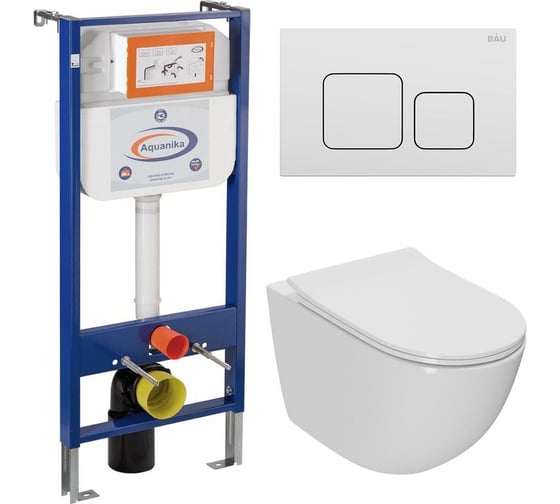 Комплект Bauedge BAU 6 в 1: инсталляция BAU Aquanika, унитаз безободковый Bau Dream PRO-2, сиденье микролифт, кнопка смыва BAU Soul, белая 10.702.450.00.00-Q00014-NL0002-PRO