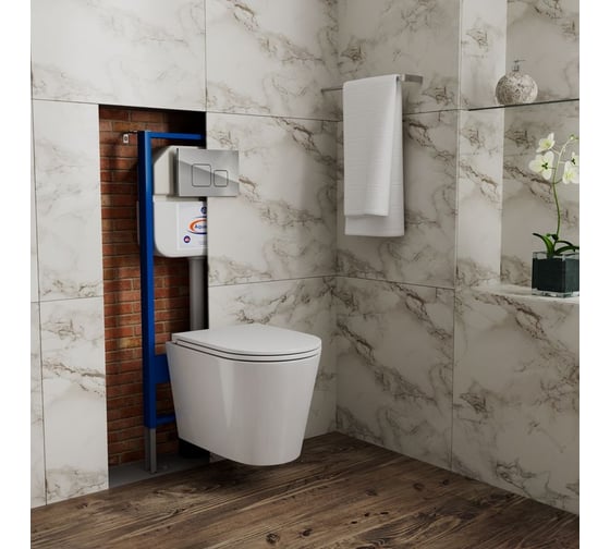 Комплект Bauedge BAU 6 в 1: инсталляция BAU Aquanika, унитаз безободковый торнадо обратного потока Bau Nimb Hurricane-2, сиденье дюропласт микролифт, кнопка смыва BAU Soul, хром 10.702.450.00.00-Q00016-BK0001-HQ2
