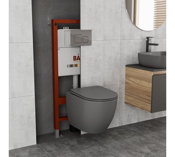 Комплект Bauedge BAU 6 в 1: инсталляция BAU PRO, унитаз подвесной безободковый Bau Dream 49,5x36, сиденье дюропласт микролифт, темно-серый матовый, клавиша BAU Soul, хром Q111300-BL0001-DG-Q00016