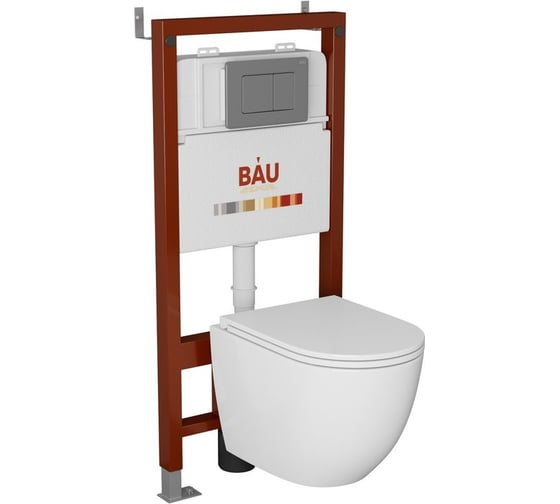 Комплект Bauedge BAU 6 в 1: инсталляция BAU PRO, унитаз подвесной безободковый торнадо обратного потока Bau Dream 52x36 Hurricane-2, сиденье дюропласт микролифт, кнопка смыва Gun Grey, темно-серый металлик Q111300-BL0001-HQ2-Q00017