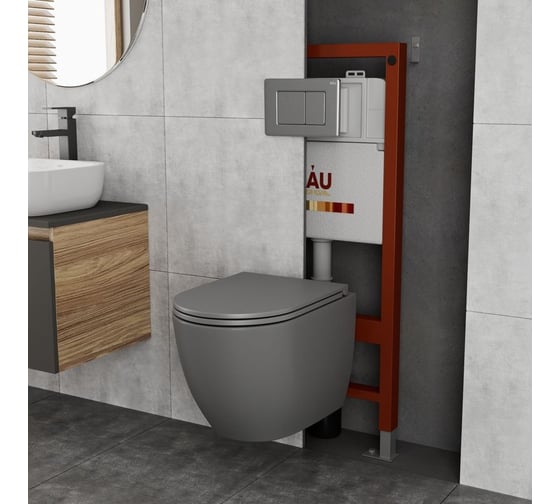 Комплект Bauedge BAU 6 в 1: инсталляция BAU PRO, унитаз подвесной безободковый торнадо обратного потока Bau Dream Hurricane-2 серый матовый, сиденье дюропласт микролифт, клавиша Gun Grey, темно-серый металлик Q111300-BL0001-HQ2-DG-Q00017