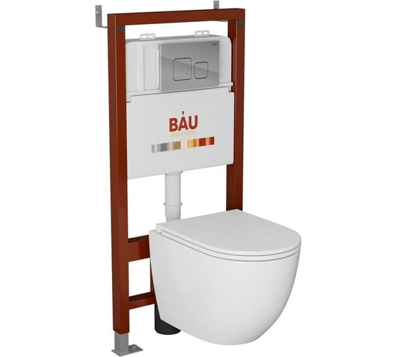 Комплект Bauedge BAU 6 в 1: инсталляция BAU PRO, унитаз подвесной безободковый торнадо обратного потока Bau Dream 52x36 Hurricane-2, сиденье дюропласт микролифт, кнопка смыва BAU Soul, хром Q111300-BL0001-HQ2-Q00016