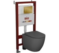 Комплект Bauedge BAU 6 в 1: инсталляция BAU PRO, унитаз подвесной безободковый Bau Dream 49,5x36, сиденье дюропласт микролифт, темно-серый матовый, клавиша BAU Stil, золото Q111300-BL0001-DG-Q00013