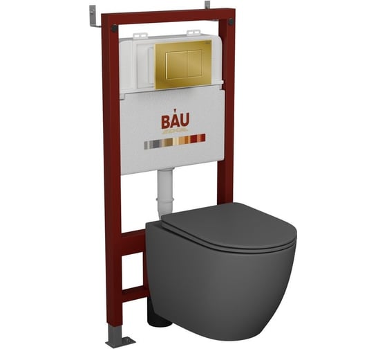 Комплект Bauedge BAU 6 в 1: инсталляция BAU PRO, унитаз подвесной безободковый Bau Dream 49,5x36, сиденье дюропласт микролифт, темно-серый матовый, клавиша BAU Stil, золото Q111300-BL0001-DG-Q00013 1