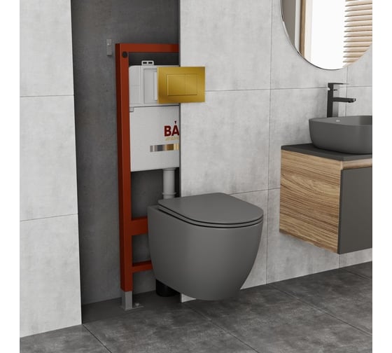 Комплект Bauedge BAU 6 в 1: инсталляция BAU PRO, унитаз подвесной безободковый Bau Dream 49,5x36, сиденье дюропласт микролифт, темно-серый матовый, клавиша BAU Stil, золото Q111300-BL0001-DG-Q00013