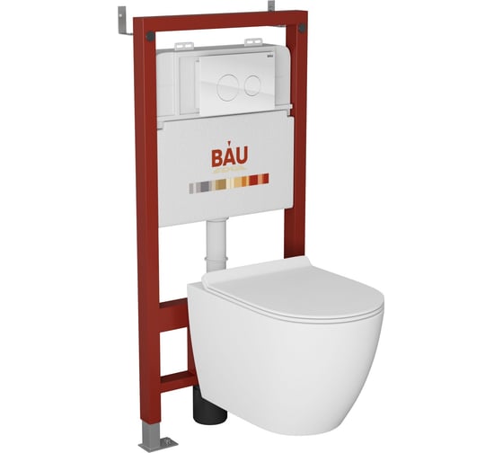 Комплект Bauedge BAU 6 в 1: инсталляция BAU PRO, унитаз подвесной безободковый Bau Dream 49,5x36, сиденье дюропласт микролифт, клавиша из стекла BAU Dream, белая Q111300-BL0001-Q00010 1