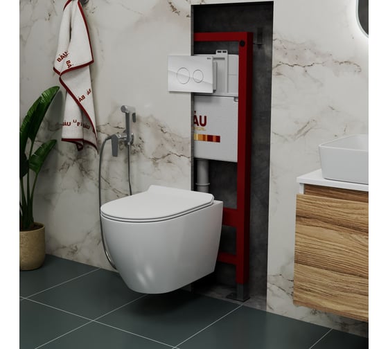 Комплект Bauedge BAU 6 в 1: инсталляция BAU PRO, унитаз подвесной безободковый Bau Dream 49,5x36, сиденье дюропласт микролифт, клавиша из стекла BAU Dream, белая Q111300-BL0001-Q00010