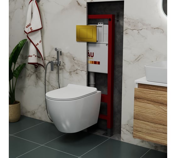 Комплект Bauedge BAU 6 в 1: инсталляция BAU PRO, унитаз подвесной безободковый Bau Dream 49,5x36, сиденье дюропласт микролифт, клавиша BAU Stil, золото Q111300-BL0001-Q00013