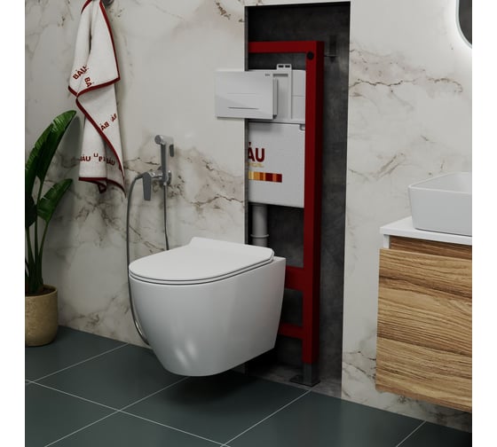 Комплект Bauedge BAU 6 в 1: инсталляция BAU PRO, унитаз подвесной безободковый Bau Dream 49,5x36, сиденье дюропласт микролифт, клавиша BAU Hotel, белый глянец Q111300-BL0001-Q00006