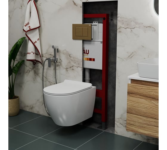 Комплект Bauedge BAU 6 в 1: инсталляция BAU PRO, унитаз подвесной безободковый Bau Dream 49,5x36, сиденье дюропласт микролифт, клавиша BAU Stil, бронза Q111300-BL0001-Q00012