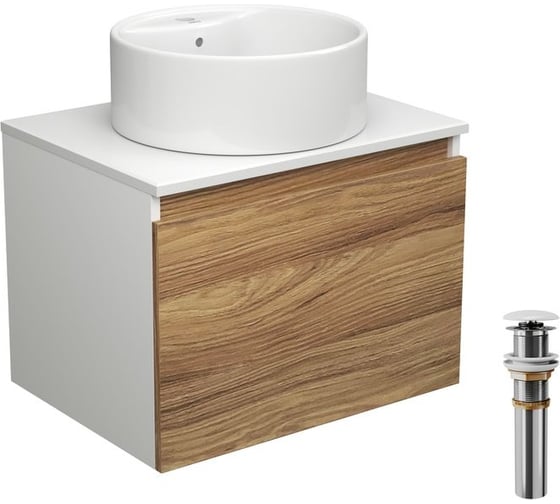 Тумба с раковиной и выпуском Bauedge (тумба подвесная Bau Dream 60 + раковина BAU Element D40, с отверстием под смеситель, белая, выпуск клик-клак, белый) BD1854 1