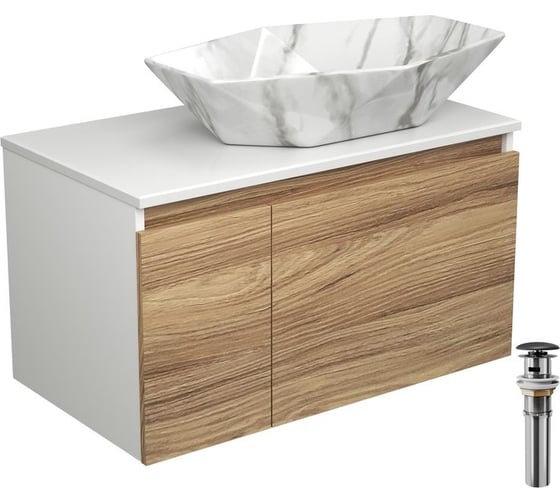 Тумба с раковиной и выпуском Bauedge (тумба подвесная Bau Blackwood 80, раковина накладная BAU Crystal 64x40, мрамор, выпуск клик-клак черный) BD2625 1