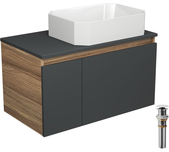 Тумба с раковиной и выпуском Bauedge (тумба подвесная Bau Blackwood 80 графит, раковина накладная прямоугольная BAU Hotel 51x37, выпуск клик-клак белый) BD2721 1