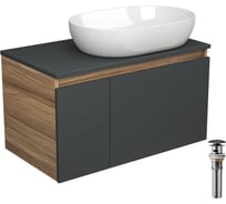 Тумба с раковиной и выпуском Bauedge (тумба подвесная Bau Blackwood 80 графит, раковина накладная BAU Nimb 59x40, выпуск клик-клак черный) BD2732