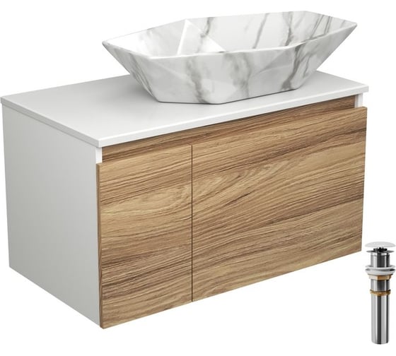 Тумба с раковиной и выпуском Bauedge (тумба подвесная Bau Blackwood 80, раковина накладная BAU Crystal 64x40, мрамор, выпуск клик-клак белый) BD2624 1