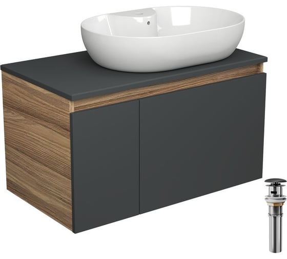 Тумба с раковиной и выпуском Bauedge (тумба подвесная Bau Blackwood 80 графит, раковина накладная BAU Nimb 60x42, с отв. под см-ль, выпуск клик-клак черный) BD2775