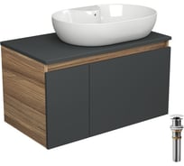 Тумба с раковиной и выпуском Bauedge (тумба подвесная Bau Blackwood 80 графит, раковина накладная BAU Nimb 60x42, с отв. под см-ль, выпуск клик-клак белый) BD2774