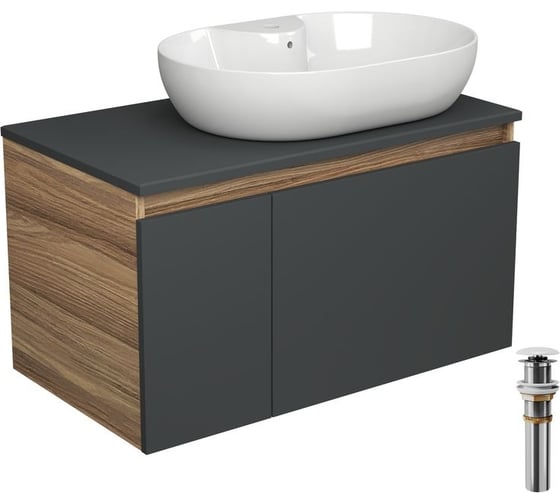 Тумба с раковиной и выпуском Bauedge (тумба подвесная Bau Blackwood 80 графит, раковина накладная BAU Nimb 60x42, с отв. под см-ль, выпуск клик-клак белый) BD2774 1