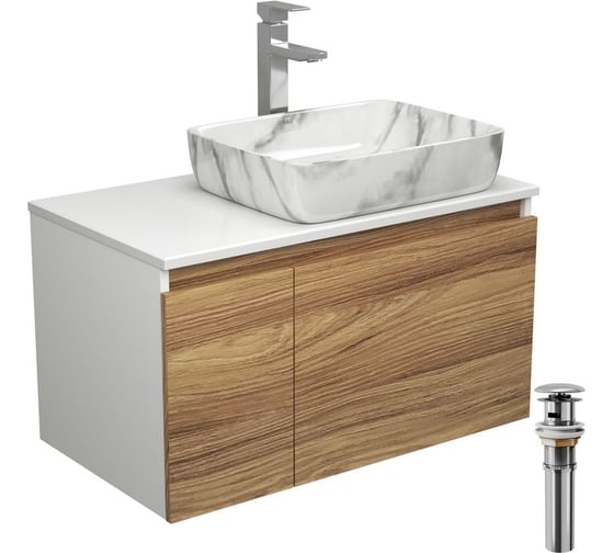 Комплект для ванной Bauedge 4 предмета (тумба Bau Dream 80 + раковина BAU 51x39, мрамор + смеситель Hotel Still, выпуск клик-клак, хром) BD1806 1