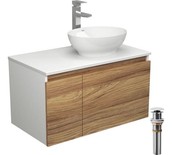 Комплект для ванной Bauedge 4 предмета (тумба Bau Dream 80 + раковина овальная BAU 41x33, белая + смеситель Hotel Still, выпуск клик-клак, белый) BD1817 1